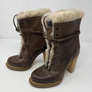 Buttero $890 Brown Leather Fur Lined Laced Block Heel Ankle Boots 38/US 8 Italy